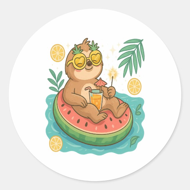 Summer Sloth Pool Float Classic Round Sticker (Front)