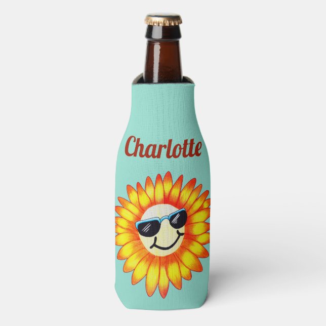 Summer Smiling Sunglasses Sunflower & Name Bottle Cooler (Bottle Front)
