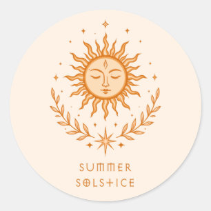 Summer Solstice Celestial Sun Face Botanical Art Classic Round Sticker