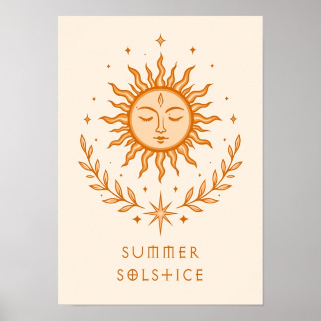Summer Solstice Celestial Sun Face Botanical Art Poster (Front)