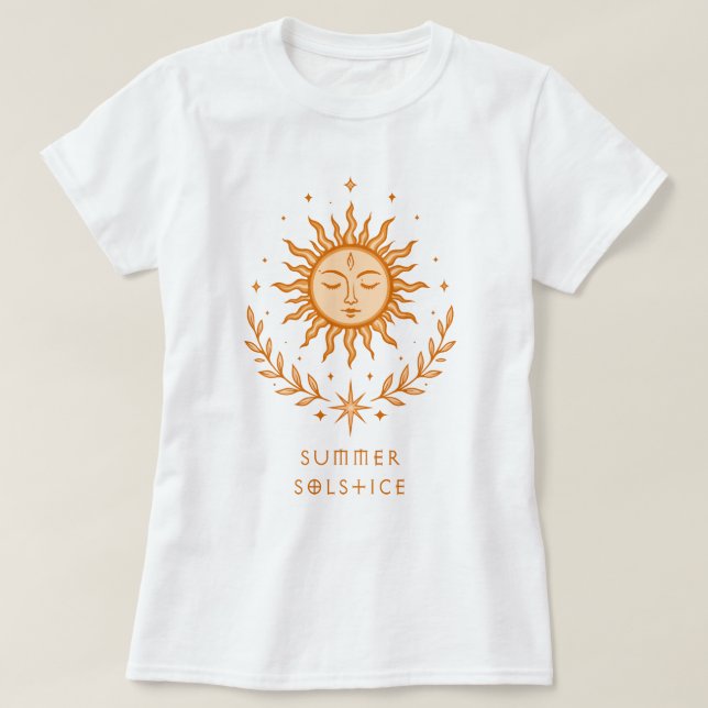 Summer Solstice Celestial Sun Face Botanical Art T-Shirt (Design Front)