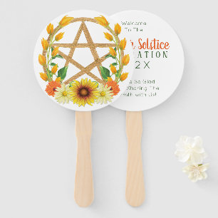Summer Solstice Gold Pentacle Wiccan Sunflower Hand Fan