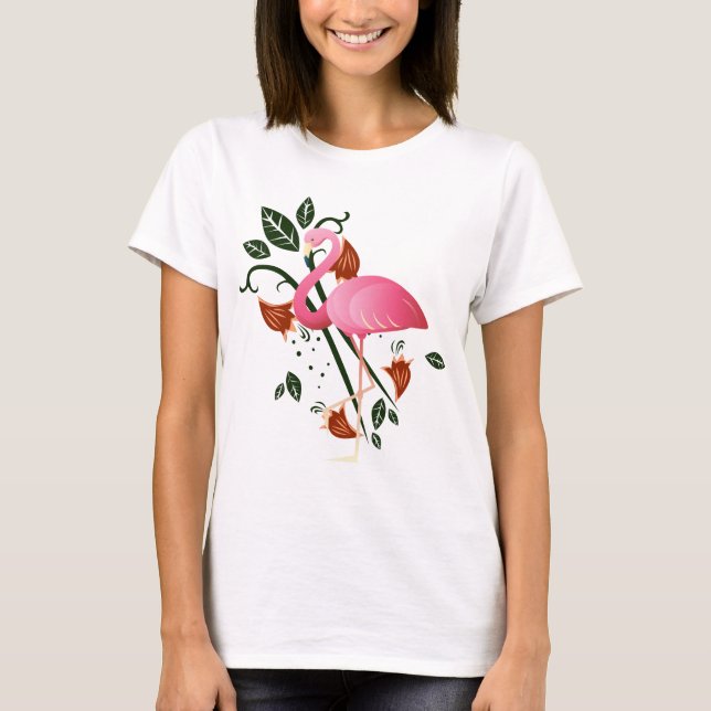 Summer Spring  Flower with  Pink Flamingo  T-Shirt (Front)