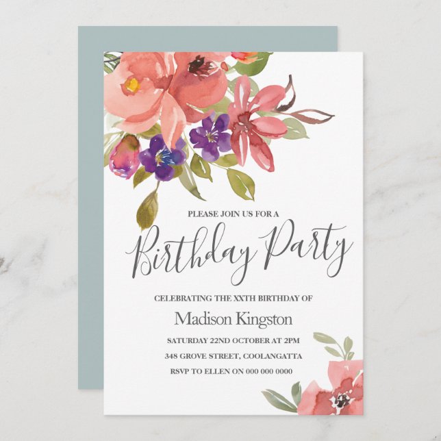 Summer Spring Flowers Modern Birthday Party Invite (Front/Back)