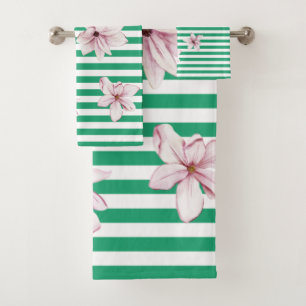 Summer, spring, green stripe magnolia print   bath towel set