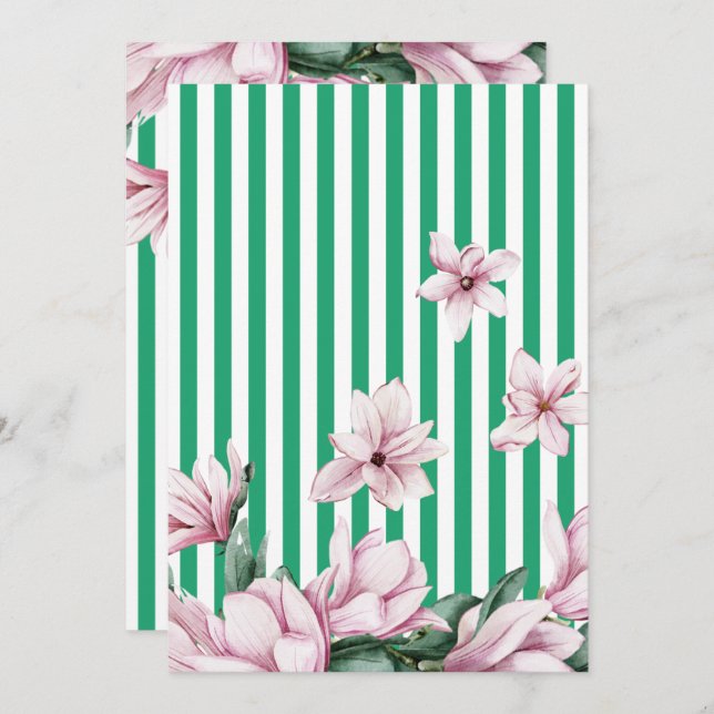 Summer, spring, green stripe magnolia print invitation (Front/Back)
