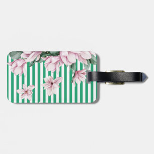 Summer, spring, green stripe magnolia print luggage tag