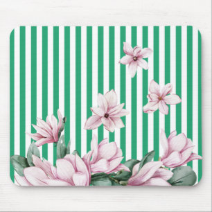 Summer, spring, green stripe magnolia print mouse pad