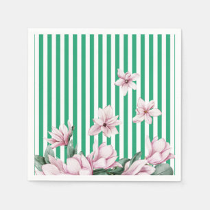 Summer, spring, green stripe magnolia print napkin