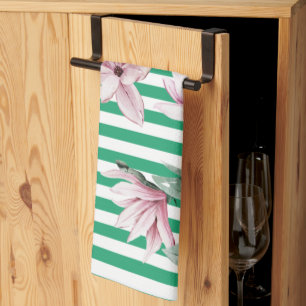 Summer, spring, green stripe magnolia print tea towel