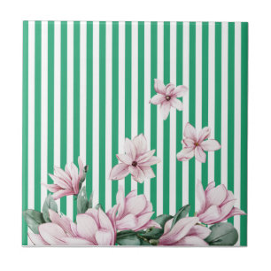 Summer, spring, green stripe magnolia print  tile