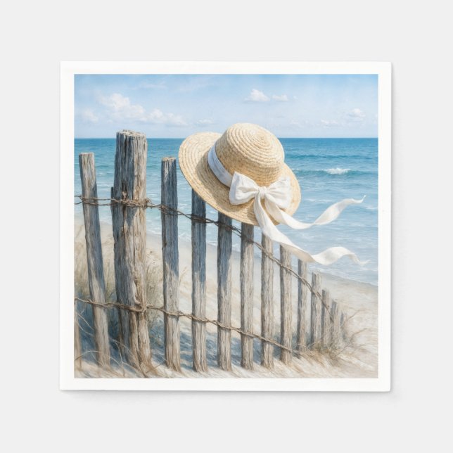 Summer Straw Hat On Beach Fence Napkin (Front)