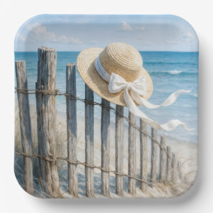 Summer Straw Hat On Beach Fence Paper Plate
