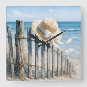 Summer Straw Hat On Beach Fence Square Wall Clock