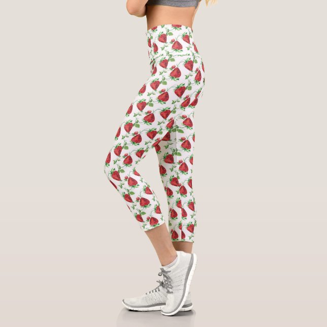 Summer Strawberries and Leaves Pattern Capri Leggings (Left)