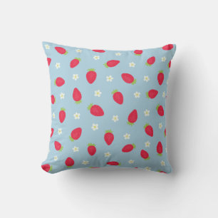 Summer Strawberries (large scale) Blue Cushion