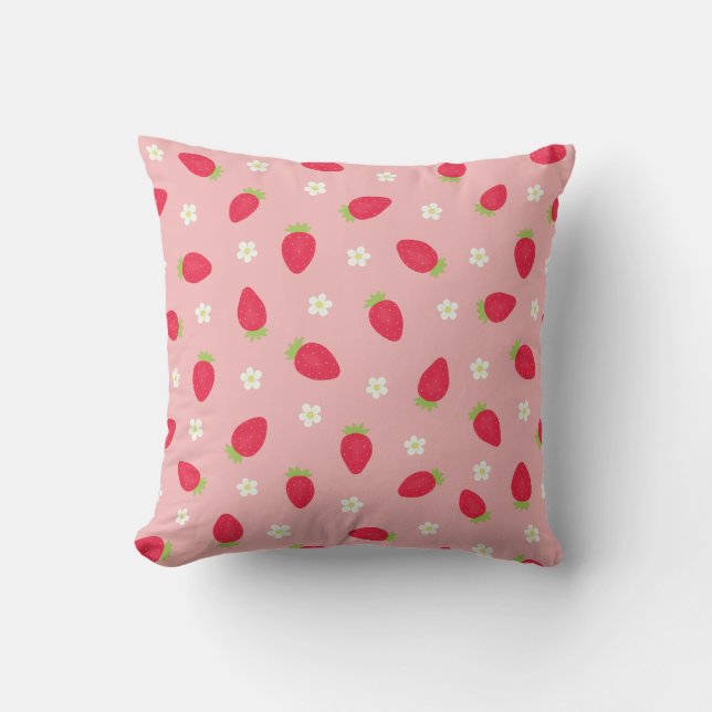 Summer Strawberries (large scale) Pink Cushion (Front)