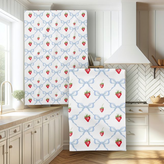 Summer Strawberries n Blue Ribbon Bows Watercolor  Tea Towel (Creator Uploaded)