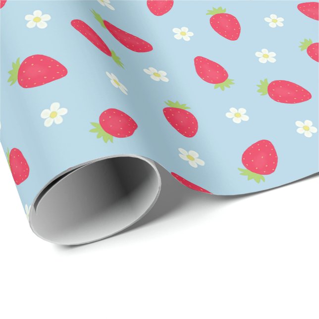 Summer Strawberries on Blue (large scale) Wrapping Paper (Roll Corner)