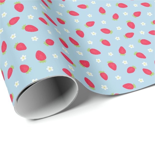 Summer Strawberries on Blue (small scale) Wrapping Paper (Roll Corner)