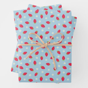 Summer Strawberries on Blue (small scale) Wrapping Paper Sheet