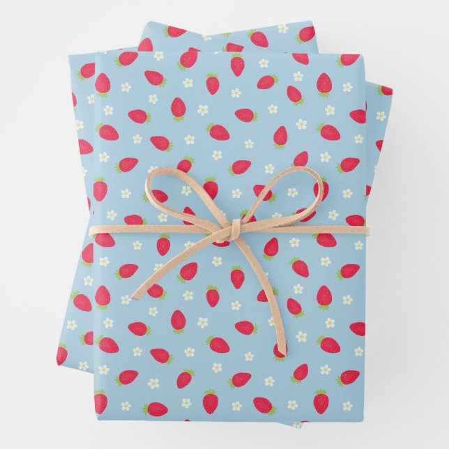Summer Strawberries on Blue (small scale) Wrapping Paper Sheet (In situ)