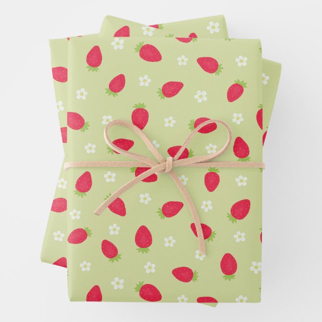 Summer Strawberries on Green (large scale) Wrapping Paper Sheet (In situ)