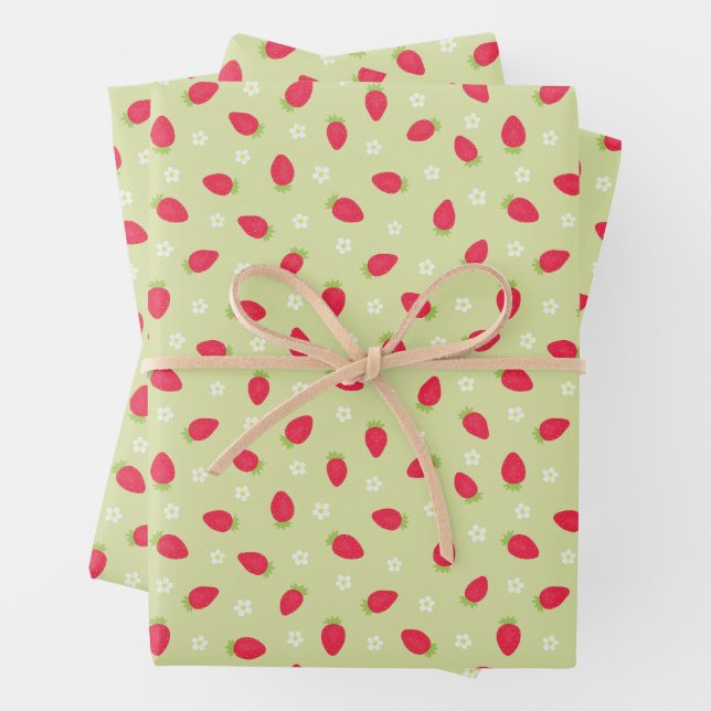 Summer Strawberries on Green (small scale) Wrapping Paper Sheet (In situ)