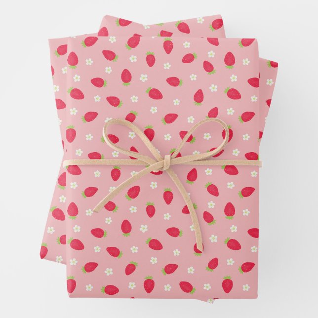 Summer Strawberries on Pink (small scale) Wrapping Paper Sheet (In situ)