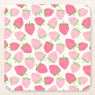Summer Strawberries Pink and Preppy Fruity Square Paper Coaster