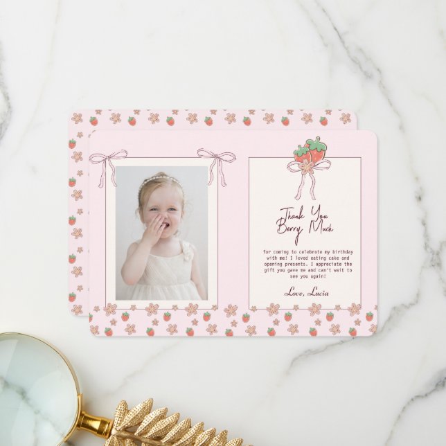 Summer Strawberries Pink Ribbon Thank You Card (Front/Back In Situ)