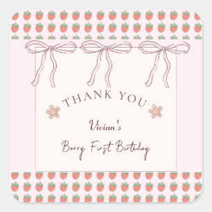 Summer Strawberries Pink Ribbon Thank You Square Sticker