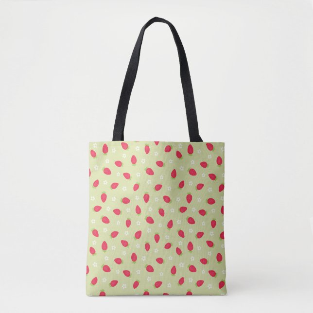 Summer Strawberries (small scale) Green Tote Bag (Front)