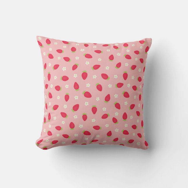 Summer Strawberries (small scale) Pink Cushion (Front)