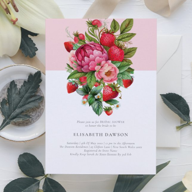 Summer Strawberry and Peonies Bridal Shower Invitation (Creator Uploaded)