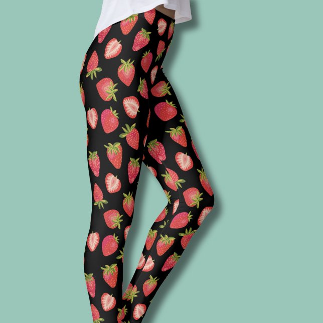 Summer Strawberry Pattern Leggings (Strawberry pattern leggings on black background)