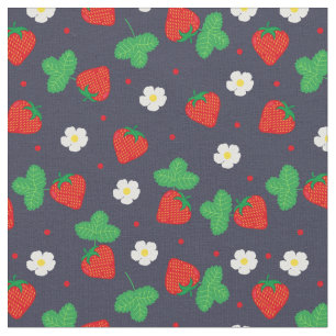 Summer Strawberry Pattern on Navy Blue Fabric