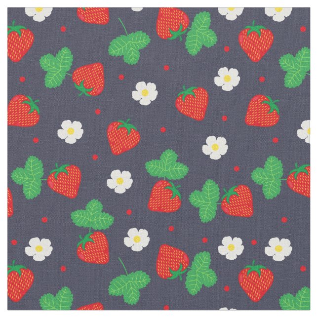 Summer Strawberry Pattern on Navy Blue Fabric (Close Up)