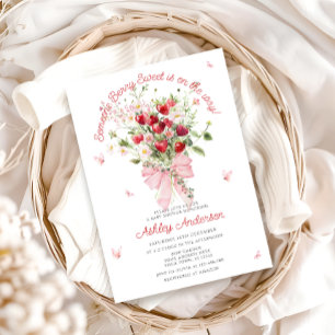 Summer Strawberry Pink Bow Baby Shower Invitation