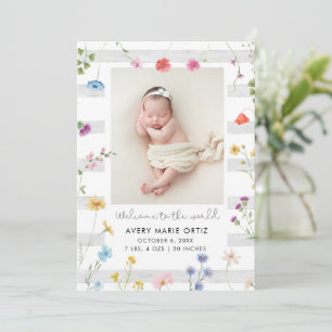 Summer Stripe Floral Photo Birth Announcement