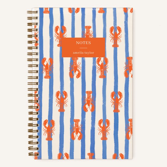 Summer Stripe Lobster Pattern Personalised Name Notebook (Front)