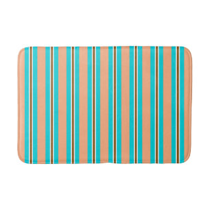 Summer Stripes, Aqua, Coral Orange and Brown Bath Mat