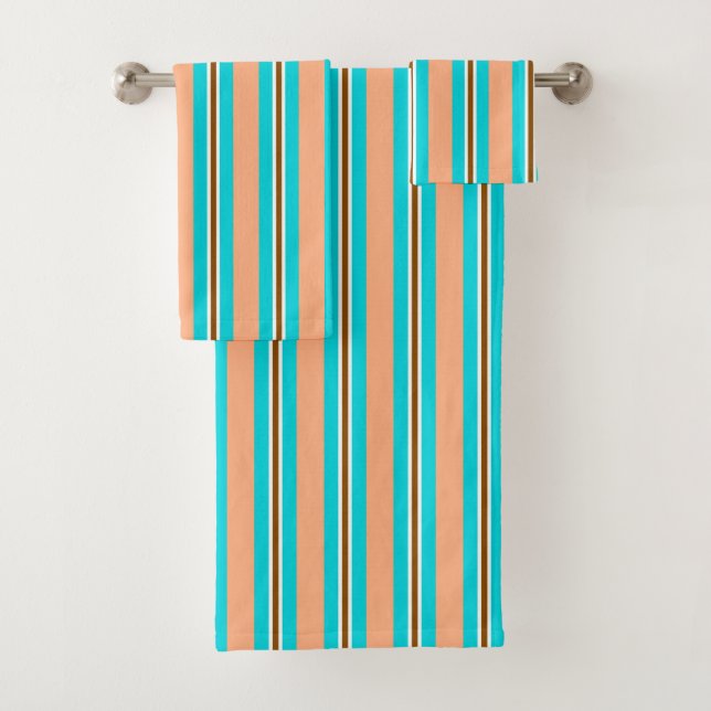 Summer Stripes, Aqua, Coral Orange and Brown   Bath Towel Set (Insitu)