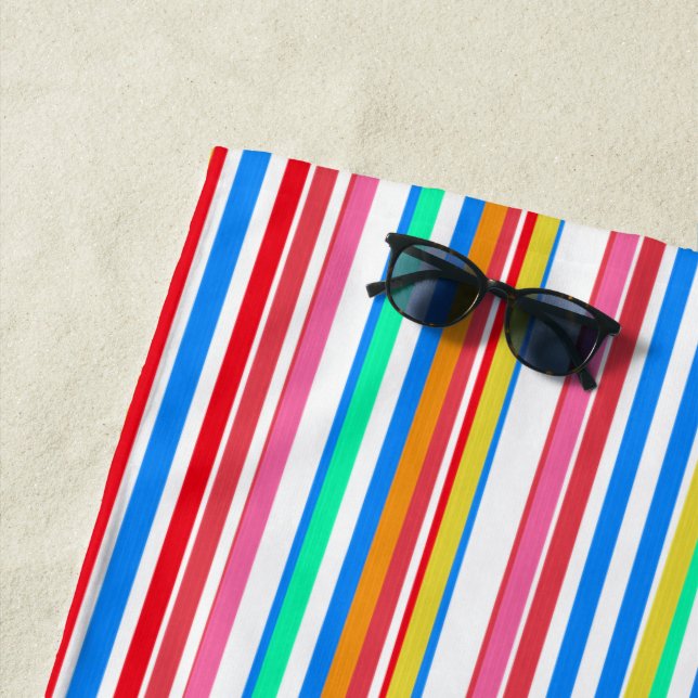 Summer Stripes Blue Red Yellow  Beach Towel (In Situ)