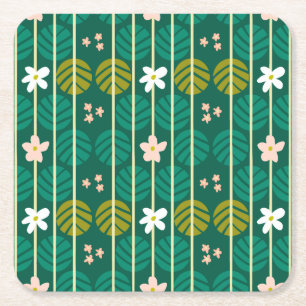Summer stripes retro coasters floral dark green