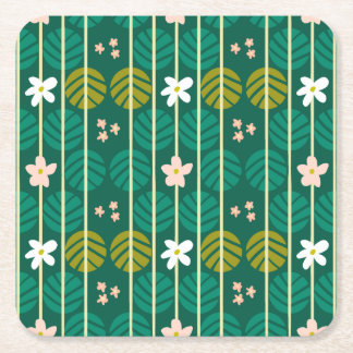 Summer stripes retro coasters floral dark green