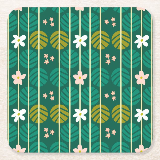 Summer stripes retro coasters floral dark green (Front)