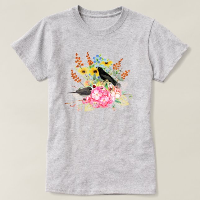 Summer Style Birds in Flower Garden Grey T-Shirt (Design Front)
