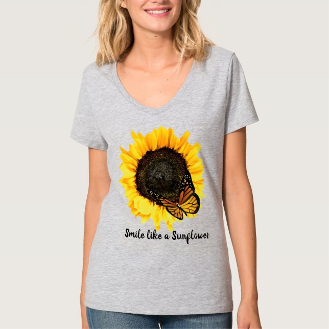 Summer Style Yellow Sunflower and Butterfly T-Shirt (Front)