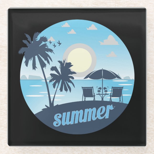 Summer, Sun, Beach, Chairs, Umbrella & Palm Trees Glass Coaster (Front)